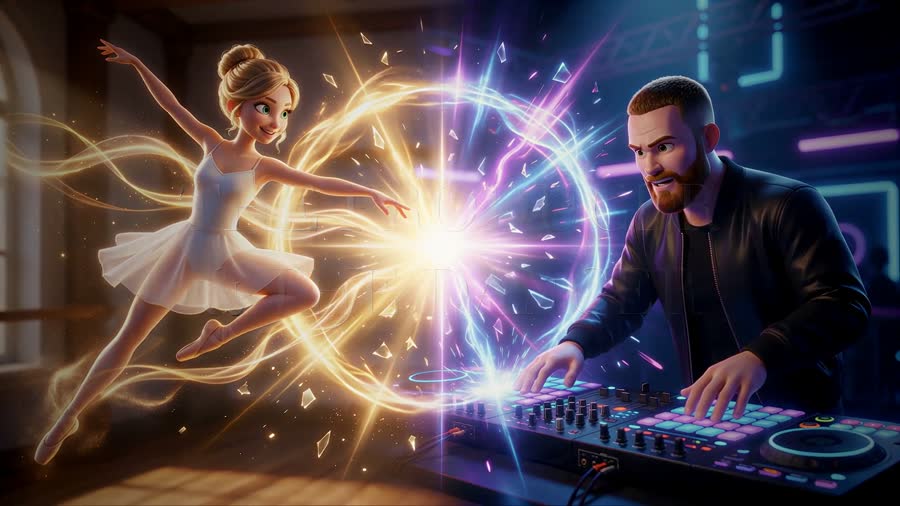 Animated wedding video still of a ballerina and a DJ meeting in a burst of light