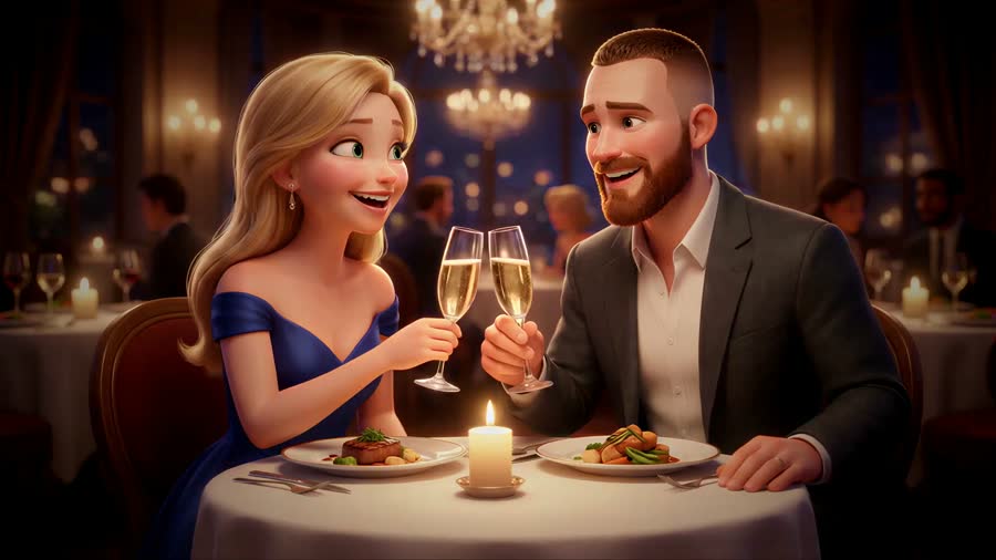 Animated wedding video still of a couple sharing a toast at a candlelit dinner